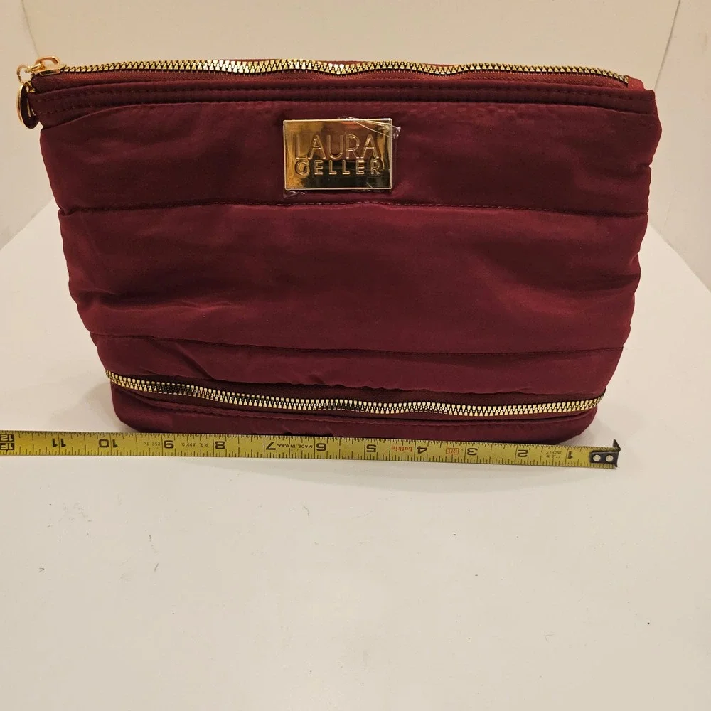 Laura Geller Quilted Burgundy Makeup Bag and 4 Piece Professional Brush Set Gold